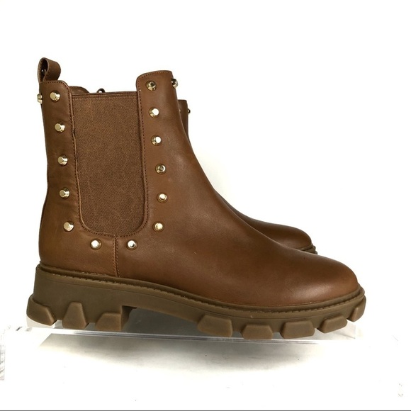 Micheal Kors Astro Ridley Chelsea Stud Leather Ankle Gore Lug Boot  Brown Sz 6.5 - Picture 1 of 8